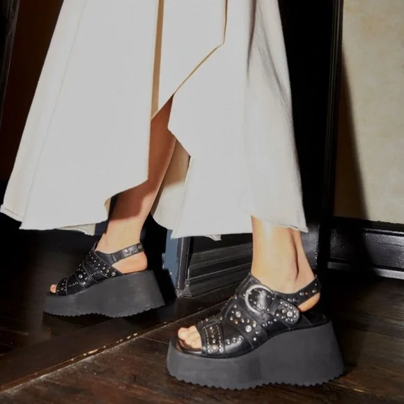 FREE PEOPLE Ace Studded Wedges / Black Leather - Picture 2 of 16